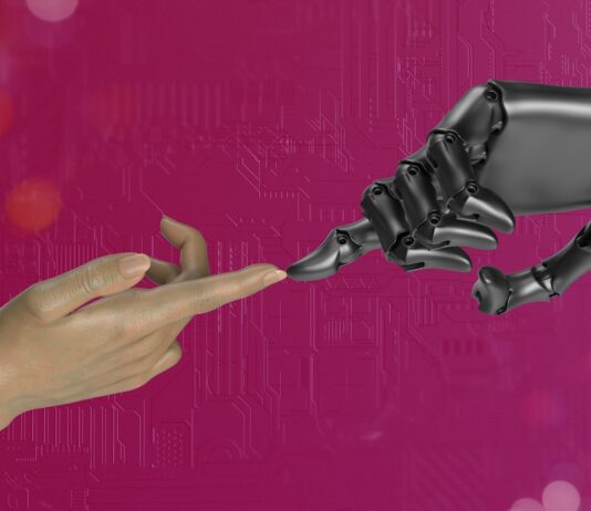 인공지능, 일상 속 건강 관리를 혁신하다 two hands touching each other in front of a pink background